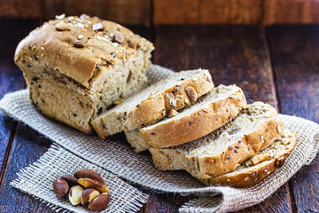 vegan Brazil nut bread made in Brazil. Homemade bread, without sugar, for diet. Healthy living concept.The Brazil nut is called in the country "pará nut"