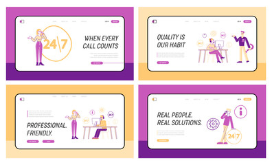 Obraz na płótnie Canvas Call Center Landing Page Template Set. Hotline Service Staff Character Chatting with Customer on Computer. Technical Support Specialist Solve Client Problems Online. Linear People Vector Illustration