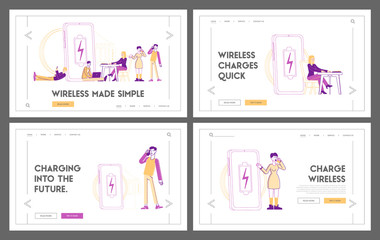 Poor Level Battery Charge Landing Page Template Set. Characters Charge Devices, Mobile Phones and Gadgets. People Use Smartphones and Tablets, Low Level Wireless Charging. Linear Vector Illustration