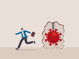 Virus disease outbreak protection failure, COVID-19 virus destroy lock down wall and spread into country concept, wrecking ball as COVID-19 pathogen destroy and demolish wall, business man run away.