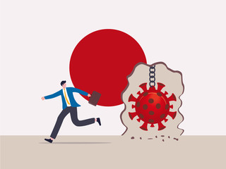 Virus disease outbreak protection failure, COVID-19 virus destroy and break the wall into Japan concept, wrecking ball as COVID-19 pathogen destroy and demolish Japan flag wall, business man run away.