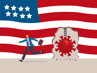 Virus disease outbreak protection failure, COVID-19 virus destroy and break the wall into USA concept, wrecking ball as COVID-19 pathogen destroy United States America flag wall, business man run away