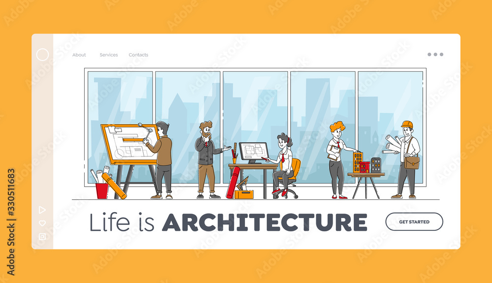 Poster architects building and engineering construction works landing page template. engineer characters wo