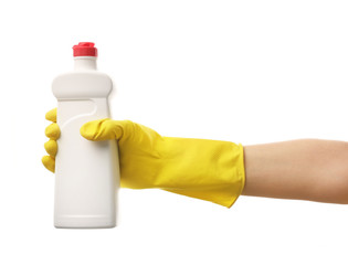 Hand in glove holding cleaning product isolated on white background