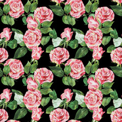 Watercolor seamless pattern with rose, red, pink roses flowers, botanical drawing. Stock illustration. Fabric wallpaper print texture.