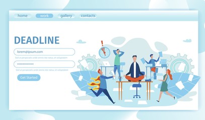 Flat Banner Rush with Deadlines Landing Page. Man Meditates Sitting on Desk in Office. People Panic and Run, Experiencing Strong Stress. Vector Illustration. Haste Worsens Quality Work.