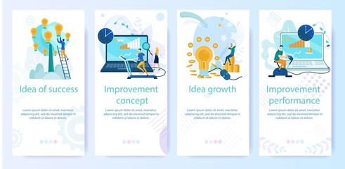 Set Bright Banner Improvement Concept, Cartoon. Poster Inscription Idea of Success, Growth Idea, Improvement of Performance. Time Frame for Performance Improvement. Vector Illustration.