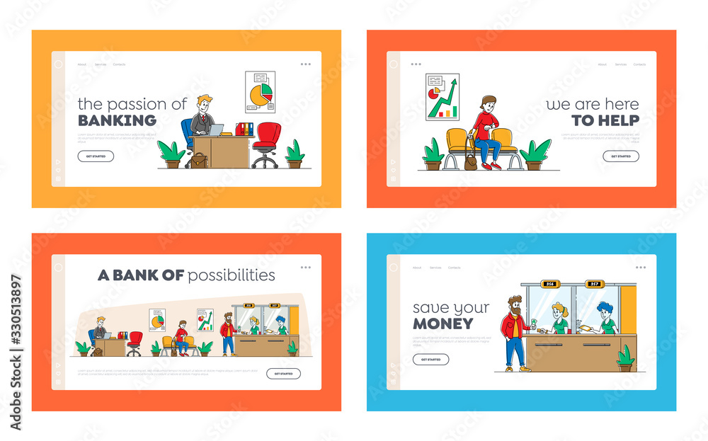 Aufkleber banking service landing page template set. people characters clients visiting bank, waiting in queue