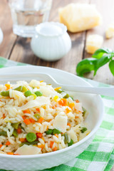 Italian risotto with vegetables - peas, beans, carrots, peppers on a white plate, selective focus