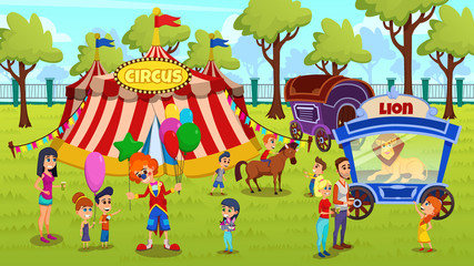 Traveling, Itinerant Circus Cartoon Vector Concept. Happy Kids Playing with Animals, Buying Balloons in Funny Clown, Children with Parents Looking on Lion in Glass Cage near Circus Tent Illustration