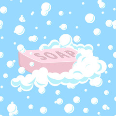 Pink Soap Bar with with foam and soap bubbles on blue background. Seamless pattern, vector illustration