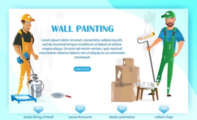 Wall Painting Flat Cartoon Banner Vector Illustration. Repairmen in Overalls Holding Paint Roller and Bucket with Mixture Website Design. Handymen Standing with Equipment near Boxes.