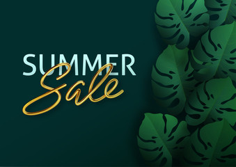 Hello summer, summertime, sale. Text poster against the background of tropical plants. Palm leaves, jungle leaf and gold lettering. The poster for sale and an advertizing sign. Vector illustration