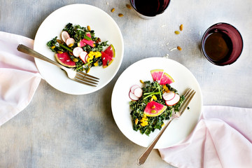Kale Radish Salad with Roasted Yellow Pepper Pesto Vinaigrette