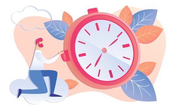 Cartoon Businessman Start Timer Vector Illustration. Red Clock Face with Moving Hands. Time Management Concept. Deadline Problem, Project Finish Date Countdown. Planning Work Process © Mykola