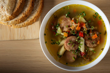 Soup with sausage, vegetables and pasta