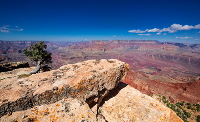 Red rocks of Grand Canyon with sun and blue sky, USA