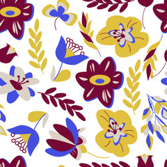 Fototapeta na wymiar Seamless vector pattern. Pattern of leaves and flowers for the decoration of textiles, wallpaper and packaging