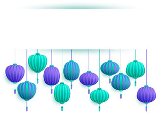 Chinese lanterns traditional decoration vector illustration. Turquoise violet holiday graphic design, banner, card, poster background with traditional paper lanterns hanging and text place frame