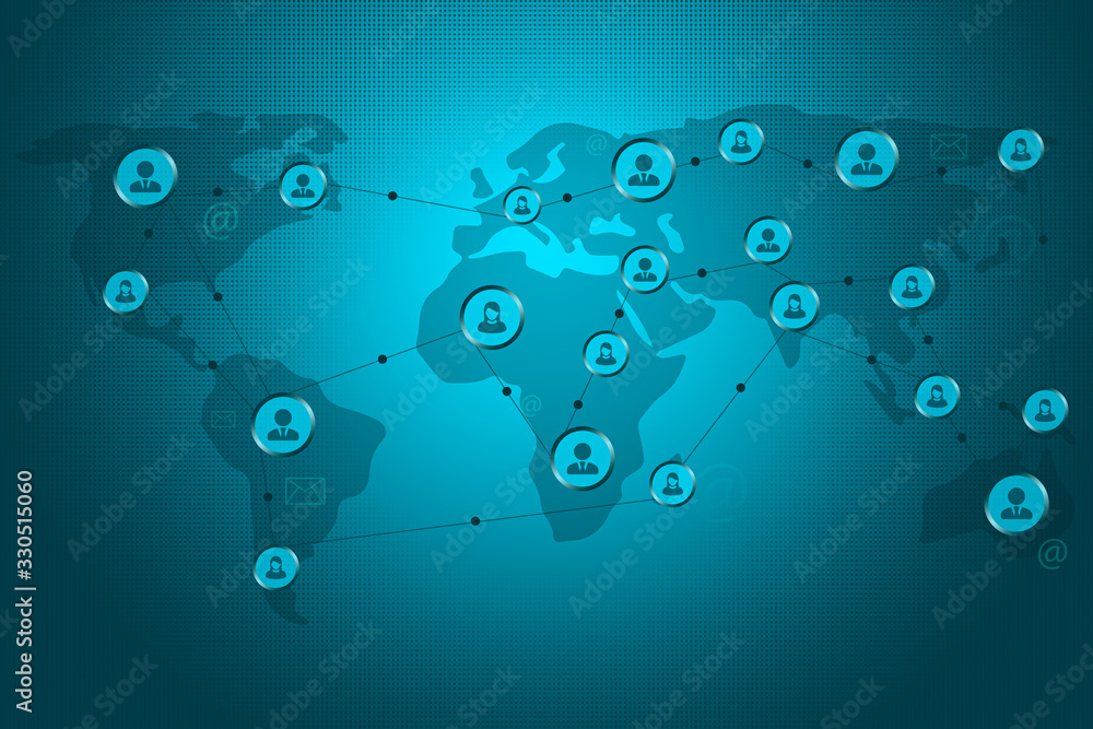 Poster remote working is the future of world. abstract remote working background in blue with world map