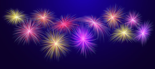 Fireworks abstract festive background with free space for text. Exploding fireworks shining in the night sky. Carnival, festival, party pyrotechnics explosion vector holiday background