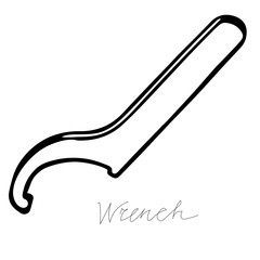 Hand-draw black vector illustration of metallic locksmith tool isolated on a white background with lettering wrench