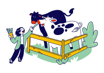 Cheerful Kid Feeding Cute Cows in Wooden Cage at Outdoor Farm Zoo. Child Character Spend Time in Animal Petting Park on Weekend. Leisure, Spare Time, Summer Time Vacation. Linear Vector Illustration