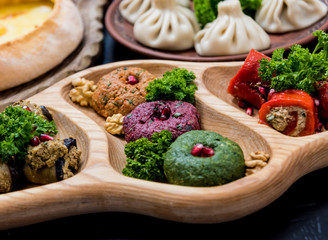 Georgian cuisine food set. Georgian restaurant. Restaurant background.