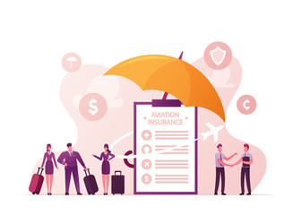 Aviation Insurance, Aircraft Industry, Airline Safety, Security. Agent Shaking Hand to Client Character, Pilot and Air Hostess at Huge Umbrella, Money Compensation. Cartoon People Vector Illustration