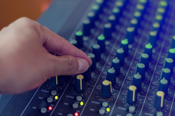 sound check for concert,buttons equipment for sound mixer control. Mixer for musician DJ and sound...