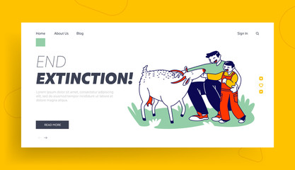 Obraz na płótnie Canvas Father and Son in Farm Outdoor Zoo Landing Page Template. Daddy with Little Boy Caress Goat, Spending Time with Domestic Animals. Happy Family Characters in Farmyard Park. Linear Vector Illustration