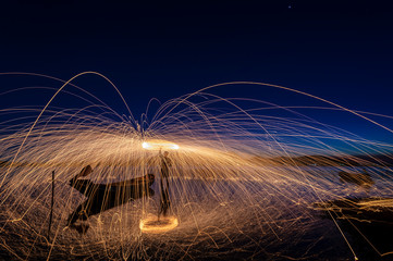 Burning Steel Wool spinning. Showers of glowing sparks from spinning steel wool