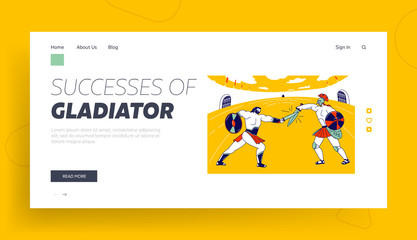 Obraz na płótnie Canvas Greek Soldier with Shield Battle Show Landing Page Template. Gladiator Character Fighting with Barbarian on Coliseum Arena. Roman Warrior and Moor Fight on Swords. Linear People Vector Illustration