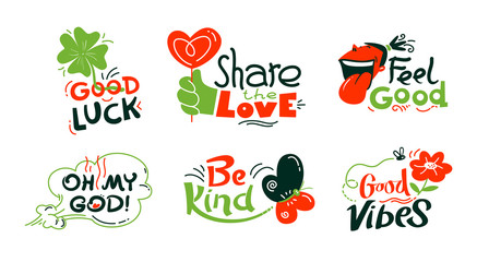 Good Mood Icons Set Isolated on White Background. Colorful Banners and Badges with Doodle Elements, Hand Written Typography. Clover, Flower and Bee Stickers, Smiling Face. Cartoon Vector Illustration