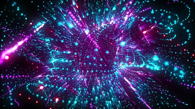 4K Abstract motion background animation shining particles and neon colors light  forms fluctuating in space seamless loop