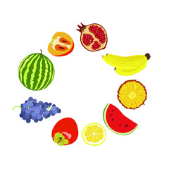 Fruit vector circle with watermelon, persimmon, pomegranate, banana, pineapple, grape and lemon in a flat style. Template with colorful fruits for design menus, recipes, posters.