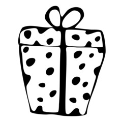 Polka dot gift box tied with a black ribbon with a bow. Vector image. Doodle element for design and decoration