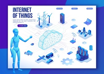 Internet of things cloud infographic, neon blue isometric 3d illustration with smart technology icons, computer network, night glowing background - 330519611