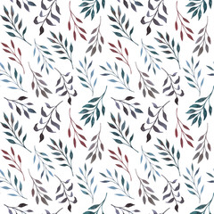 Seamless pattern with sprigs with leaves. Hand-drawn watercolor painting. Design for wrapping paper, cards, invitations. Creative background image.