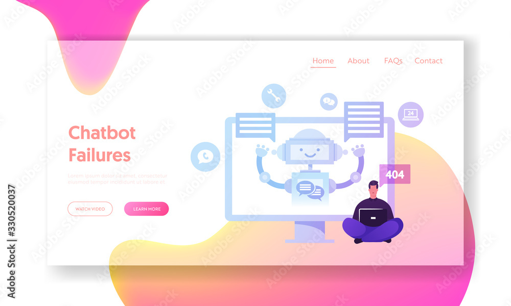 Poster chatbot, ai robot chatting with client landing page template. faq customer support, answering and on