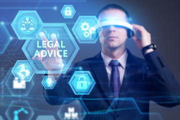 Business, Technology, Internet and network concept. Young businessman working on a virtual screen of the future and sees the inscription: