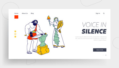 Olympic Gods Characters Landing Page Template. Hephaestus or Vulcan Patron of Fire and Blacksmiths. Demeter or Ceres Patroness of Fertility, Marriage in Greek Myths. Linear People Vector Illustration
