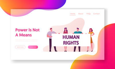 Human Right Landing Page Template. Protesting People with Placards and Signboard on Strike or Demonstration. Characters Stand with Banner on Demonstration Riot, Picket. Cartoon Vector Illustration