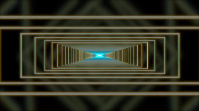 Traveling through a tunnel of glowing yellow light rectangles with blue neon light in the center.