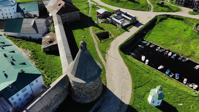 Top view of the Spinning tower and dry dock used as a berth on Solovetsky island. These are the buildings of the Solovetsky monastery.