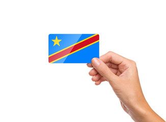 Beautiful hand holding Democratic Republic of the Congo flag card on white background