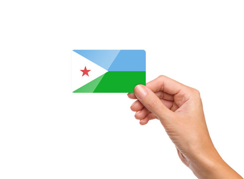 Beautiful hand holding Djibouti flag card on white background