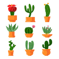 Cactussen en vetplanten Icons Set. Leuke groene cartooncactus met groene doornen en bloeiende bloesems in bloempotten, woestijn en tropische exotische planten geïsoleerd op een witte achtergrond vectorillustratie