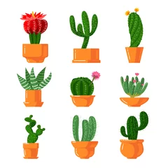 Deurstickers Cactus in pot Cactussen en vetplanten Icons Set. Leuke groene cartooncactus met groene doornen en bloeiende bloesems in bloempotten, woestijn en tropische exotische planten geïsoleerd op een witte achtergrond vectorillustratie