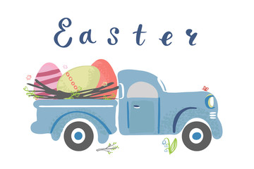 Simple cute vintage truck carrying Easter eggs